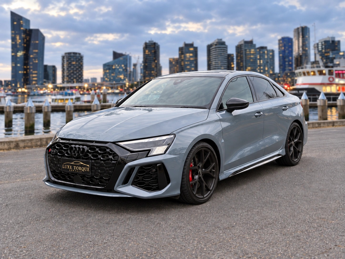 Our grey Audi RS3 with an edited Melbourne Docklands backdrop