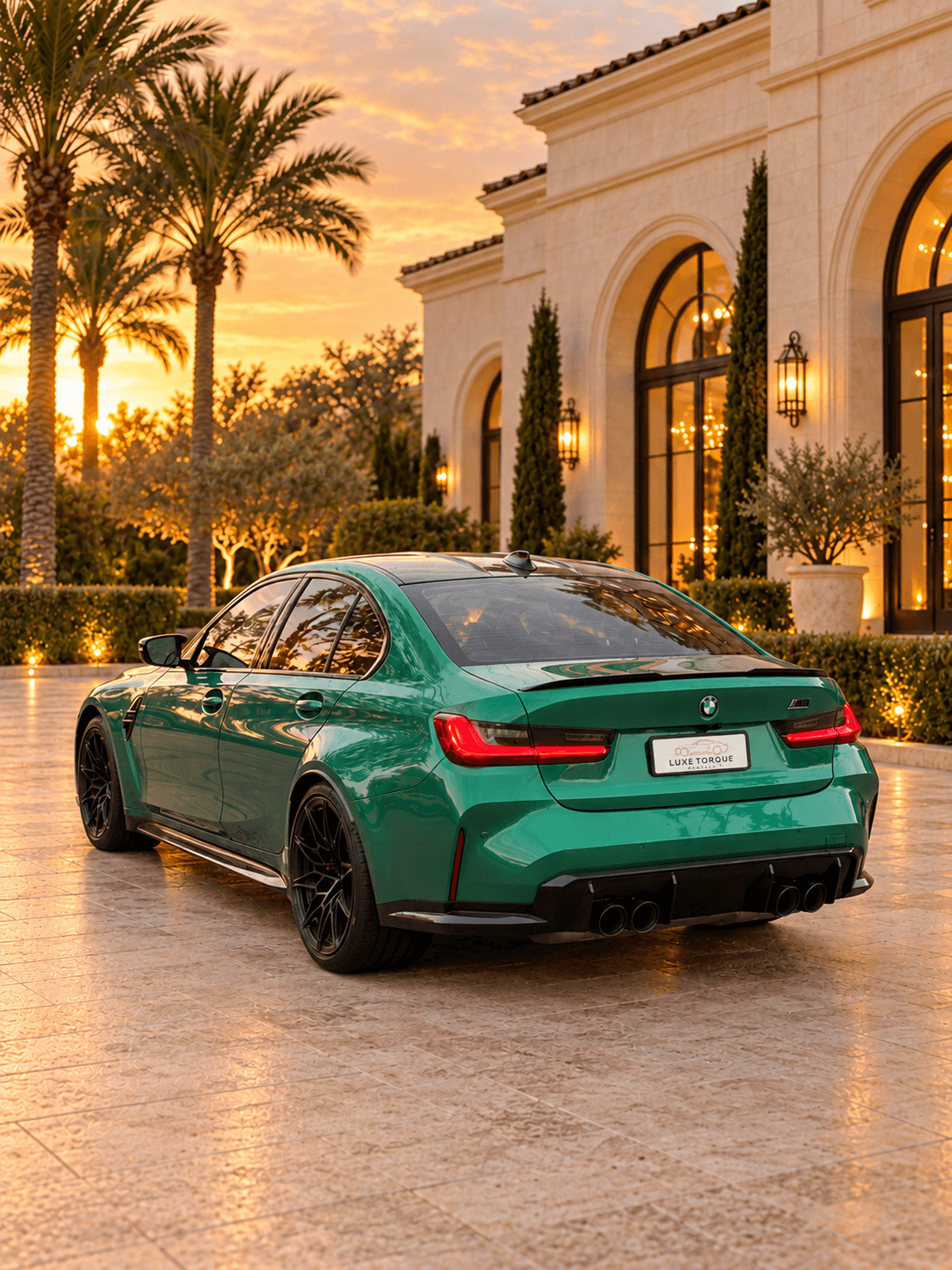 Green BMW M3 in an elegant courtyard