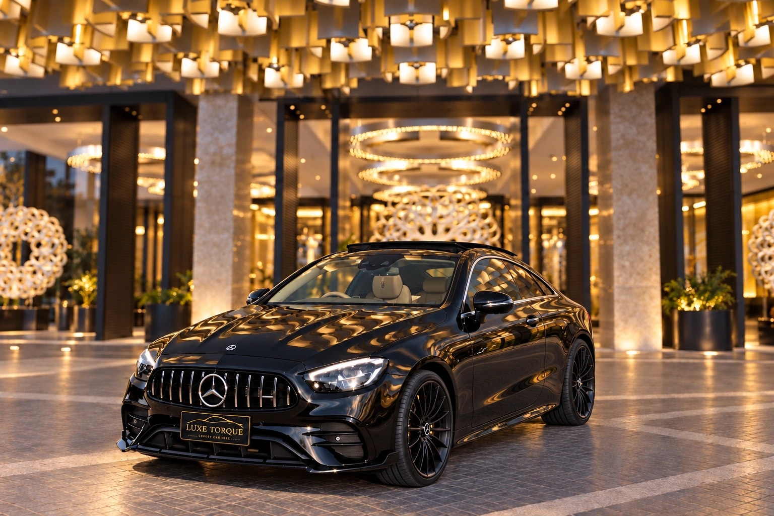 Our black Mercedes E-Class coupé with an edited Crown Melbourne entrance background